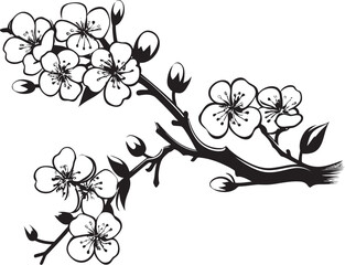 Ebony Blossom Bough: Cherry Blossom Vector in Black on Twig Shadowed Sakura Silhouette: Black Logo on Tree Branch Icon