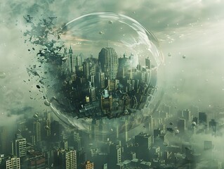 Apocalyptic Cityscape Floating in a Shattered Glass Sphere: A Dystopian Future within a Fragile Bubble