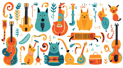 A whimsical pattern of musical instruments with ani