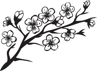 Obsidian Sakura Silhouette: Black Logo on Cherry Blossom Tree Branch Ebony Blossom Bough: Cherry Blossom Vector in Black on Twig