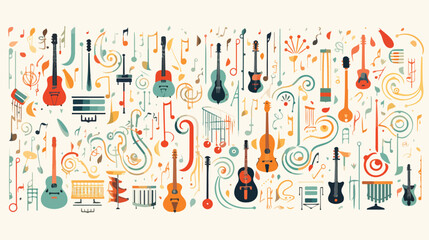 A whimsical pattern of musical notes and instrument
