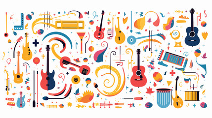 A whimsical pattern of musical notes and instrument