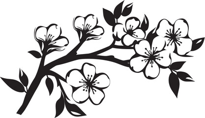 Shadowed Cherry Blossom: Vector Black Logo on Twig Midnight Sakura Silhouette: Cherry Blossom Icon in Black