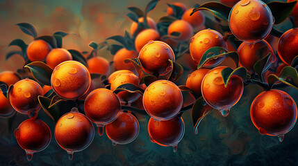 Grafika przedstawiająca gałązkę krzewu pomarańczy pokrytą szadzią, z której zaczyna skapywać roztopiona woda - obrazy, fototapety, plakaty