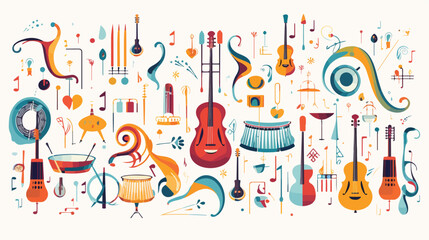 A whimsical pattern of musical notes and instrument - obrazy, fototapety, plakaty
