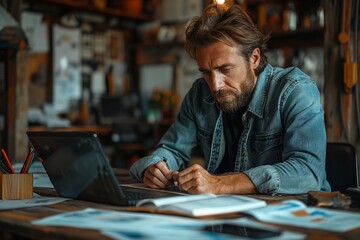 A deeply focused business man works in a rustic home office, writing intently in a notepad while his laptop churns out graphs, surrounded by the warm and inviting atmosphere of the workspace. - obrazy, fototapety, plakaty