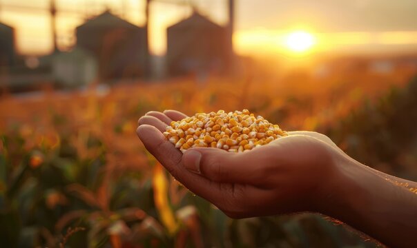 Sunny day. Farmer's hand holding corn seeds after a successful good harvest. Industrial factory in the background