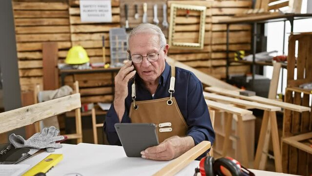 Mature carpenter having a lively chat on his smartphone, working away on his touchpad amidst the woodwork bustle of his carpentry workshop.