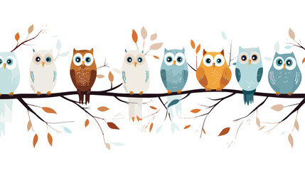 A whimsical pattern of owls perched on branches wit - obrazy, fototapety, plakaty