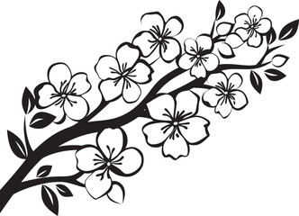 Ebony Petal Perch: Cherry Blossom Icon on Black Twig Vector Shadowed Sakura Silhouette: Black Logo on Tree Branch Icon