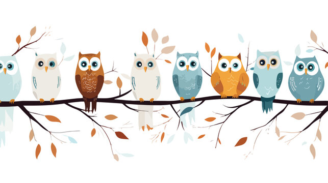 A whimsical pattern of owls perched on branches wit