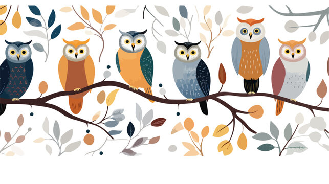 A whimsical pattern of owls perched on branches wit