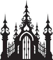 Scrollwork Sanctuary: Vector Black Logo Icon with Church Gate, Scrolls, and Leaves Ornate Leafy Gateway: Church Gate with Scrolls and Leaves in Black Logo
