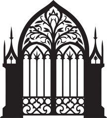 Elegant Foliage Portal: Church Gate with Scrolls and Leaves in Black Logo Intricate Scrollwork Arch: Vector Black Logo featuring Church Gate, Scrolls, and Leaves