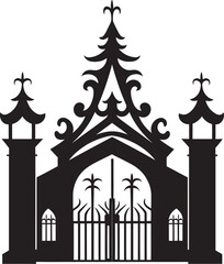 Obraz premium Scrollwork Sanctuary: Vector Black Logo Icon with Church Gate, Scrolls, and Leaves Elegant Foliage Portal: Church Gate with Scrolls and Leaves in Black Logo