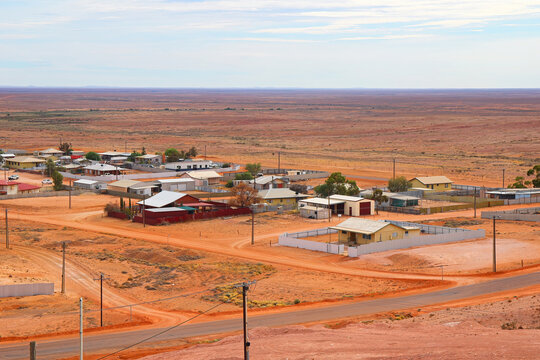 Aerial view of the Coober Pedy skyline in the outback of South Australia - Opal mining town in the red center desert where many houses are underground