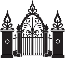 Leafy Archway Emblem: Vector Black Logo featuring Church Gate, Scrolls, and Leaves Scroll-adorned Sanctuary Entrance: Church Gate with Scrolls and Leaves in Black Logo Design