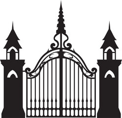Scroll-adorned Sanctuary Entrance: Church Gate with Scrolls and Leaves in Black Logo Design Intricate Scrollwork Arch: Vector Black Logo with Church Gate, Scrolls, and Leaves