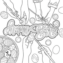 Happy Easter Day Outline Vector Illustration. Happy Easter Coloring Page.  Coloring Eggs For Easter Day Outline Illustration.