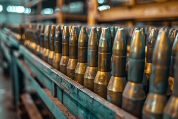 A row of gold colored bullets are lined up on a conveyor belt