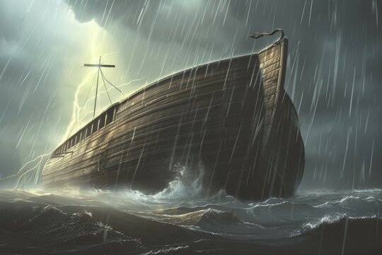 A large ship is in the water with a storm in the background. Noah's Ark concept