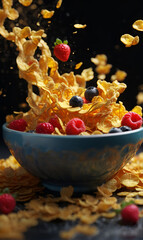 of cornflakes and cream fall into a bowl.