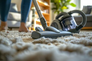 A woman is vacuuming a carpet in living room