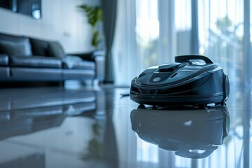 A robot vacuum cleaner is sitting on a tile floor in a living room