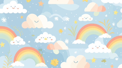 A whimsical pattern of sunshine clouds and rainbows