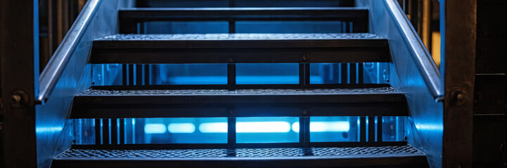 The steps of the metal staircase are illuminated with blue light front view  - Powered by Adobe