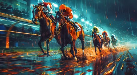 Two Jockeys Racing Horses in the Rain - obrazy, fototapety, plakaty