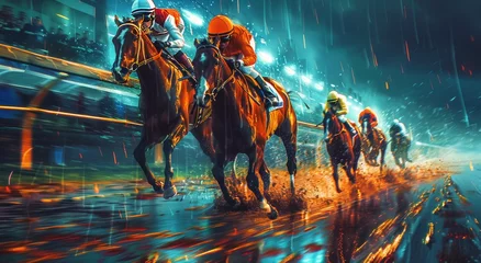 Foto op Canvas Two Jockeys Racing Horses in the Rain © olegganko