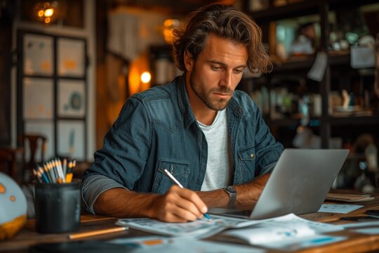 A young, determined man is deeply engrossed in his work on a laptop at a wooden desk filled with papers and sketches, in a cozy, warmly-lit office environment.