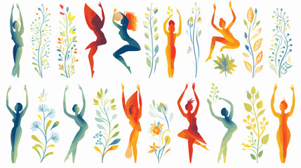 A whimsical pattern of yoga poses in different styl - obrazy, fototapety, plakaty