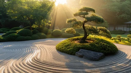 Gordijnen A beautiful sunrise illuminates a Japanese Zen garden, highlighting the elegant forms of meticulously maintained bonsai trees. Resplendent. © Summit Art Creations