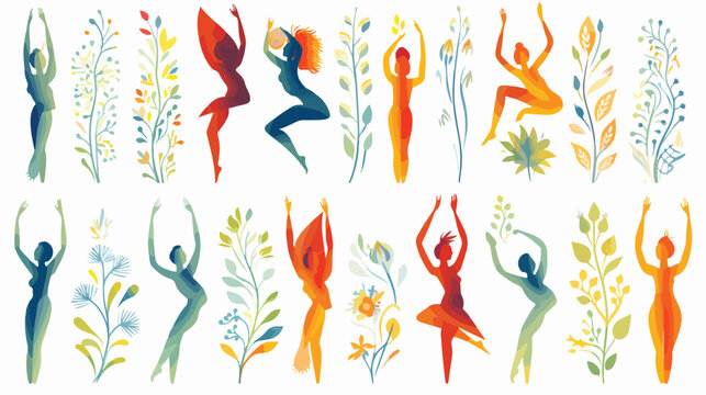 A whimsical pattern of yoga poses in different styl
