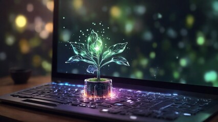Generative AI illustration of glowing big plant growing on computer chip representing digital ecology business and blurred background