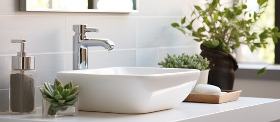 Fototapeta na wymiar Bathroom with Ceramic Washbasin and Modern Style Faucet Display Opportunity