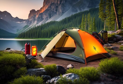illustration, outdoor adventure camping gear nature enthusiasts, backpack, backpacking, campfire, cooking, equipment, flashlight, forest