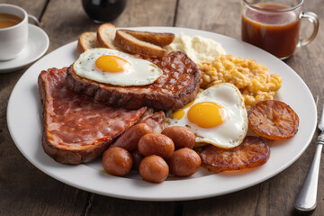 Typical full english breakfast food on plate - 758311555