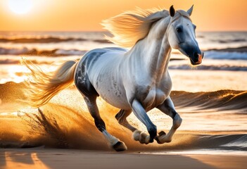 Obraz na płótnie Canvas illustration, majestic white horse galloping sandy beach under clear blue sky sunset, majestic, beauty, nature, animal, equine, running