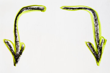 Bright neon, green and black mutually reversed arrow, hand-drawn on a white background. The concept...