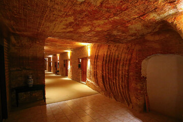 Hallway of the Lookout Cave Motel in Coober Pedy, (South Australia), dug out of sandstone in this...