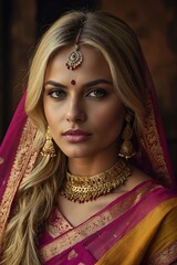 Enchanting beauty of a blonde model in a close-up shot, elegantly styled in a colorful saree, with the studio setting providing a minimalist backdrop 