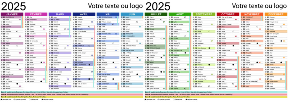 Calendrier 2025 avec f&ecirc;tes, saints, vacances scolaires et cycles de la lune - Textes vectoris&eacute;s et non vectoris&eacute;s sur calques s&eacute;par&eacute;s