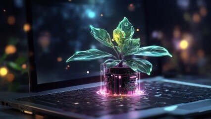 Generative AI illustration of glowing big plant growing on computer chip representing digital ecology business and blurred background