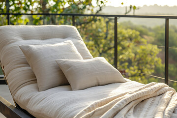 Close-up photo of a comfortable chaise lounge positioned on a balcony overlooking a scenic view, providing the ideal spot for a leisurely siesta, minimalistic style,