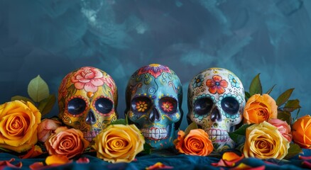Day of the Dead themed digital backdrop, three sugar skulls, vibrant colors, dark blue background, orange and yellow roses Generative AI - obrazy, fototapety, plakaty