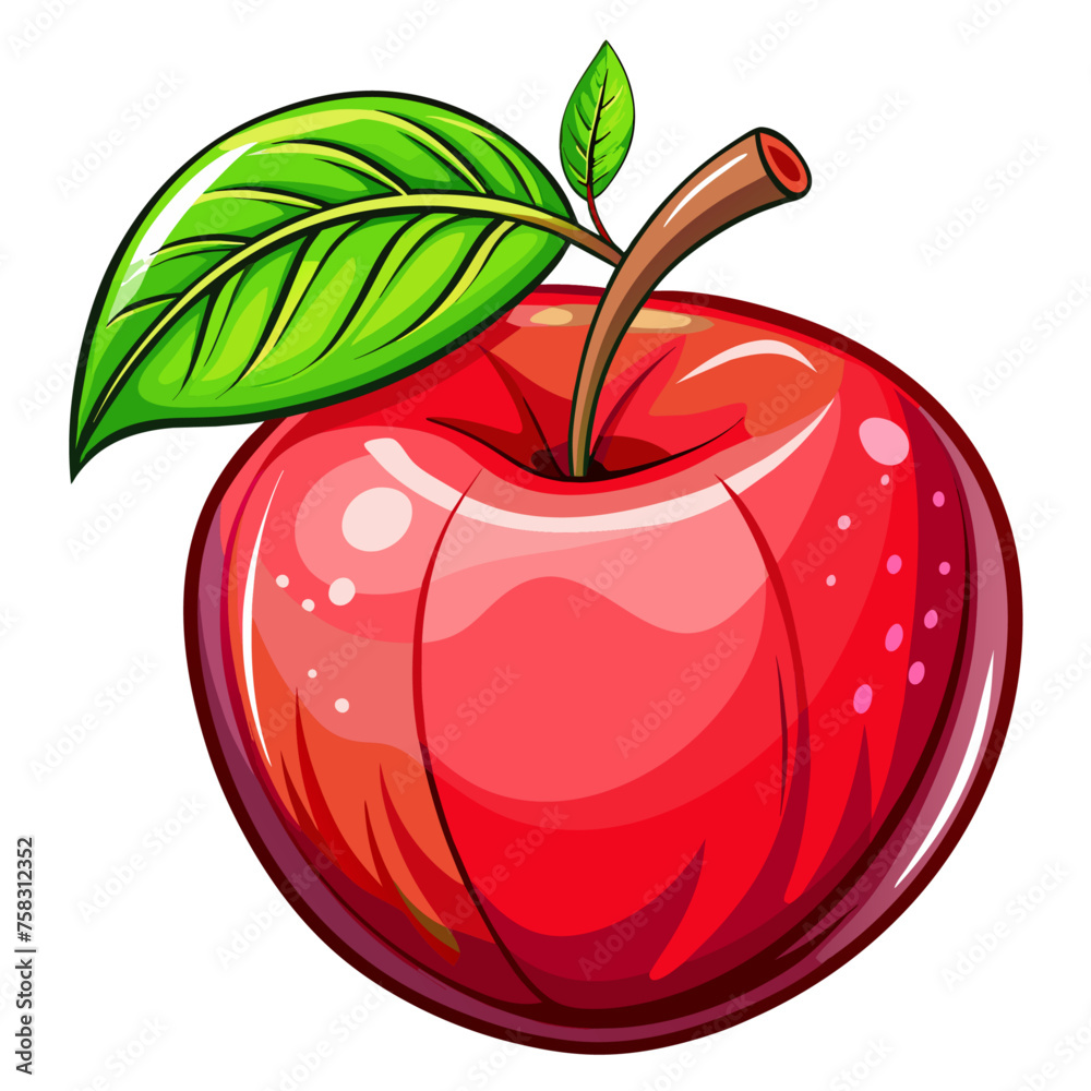 Wall mural illustration of a red apple with leaves on a white background.