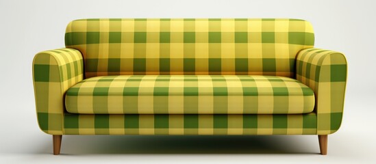 A Tartan patterned plaid couch with wooden legs, set on a white background. The bright yellow and green tints and shades pop on the beige textile sleeve, giving a fresh and modern look